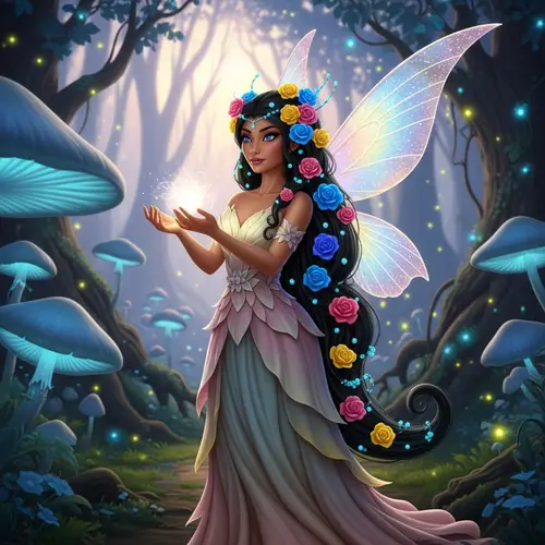 Hispanic Fairy Woman with Blue Eyes and Rose Adorned Hair