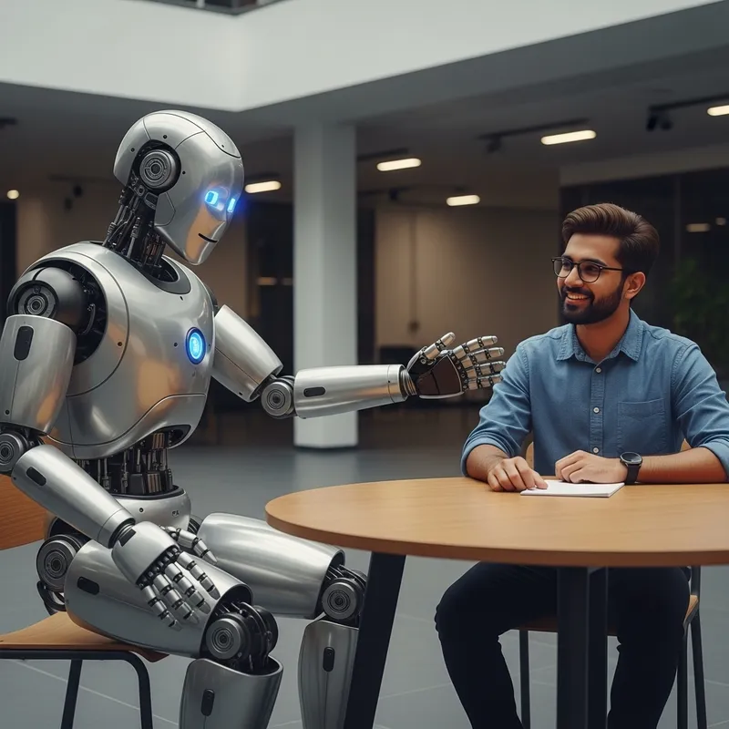 Robot Interacts with South Asian Male Human at Wooden Table