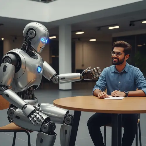 Innovative Robot Interacts with South Asian Male Human at Wooden Table