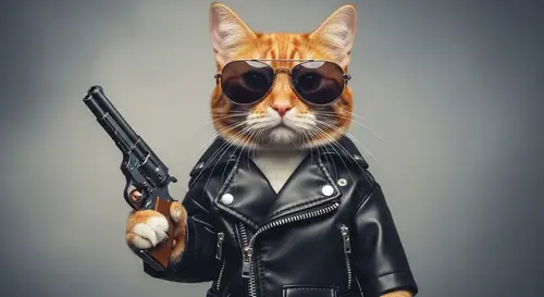 Red-Haired Cat in Leather Jacket - Biker Style