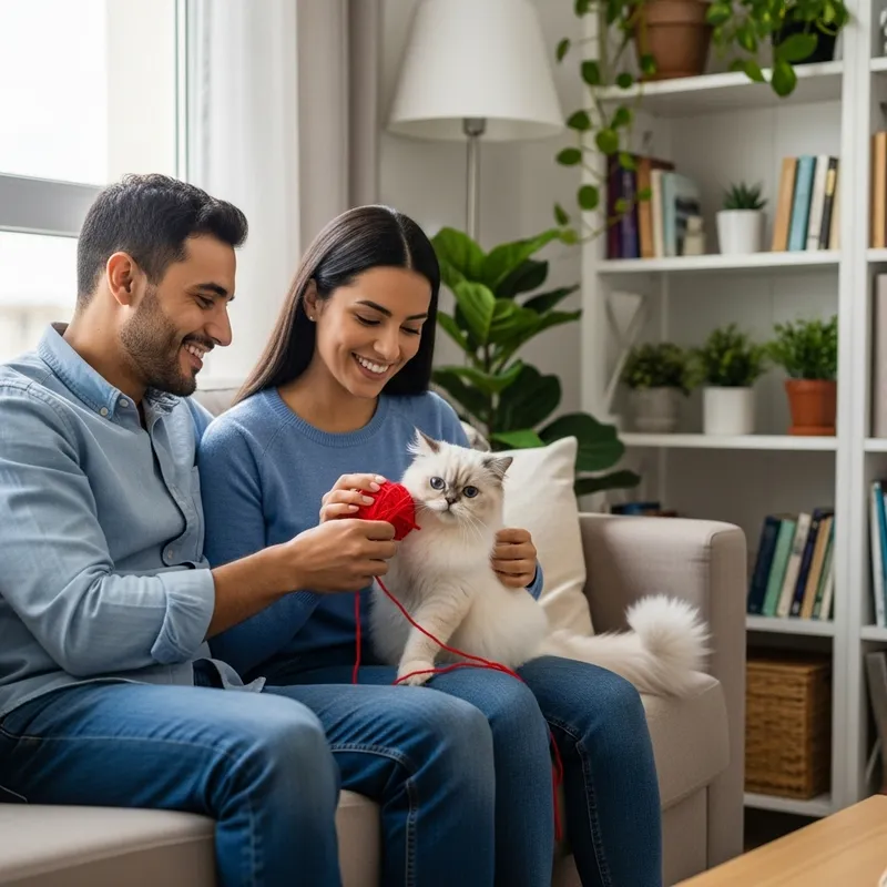 A Multicultural Couple with a Persian Cat in a Cozy Living Room A Multicultural Couple with a Persian Cat in a Cozy Living Room