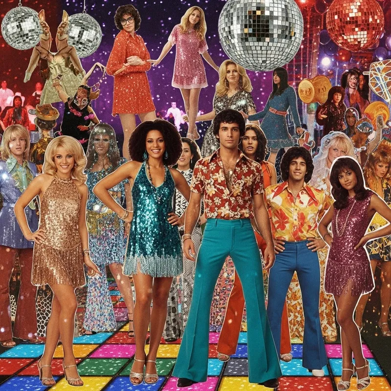 Vibrant 70s Disco Collage: Glitz, Glamour & Iconic Style