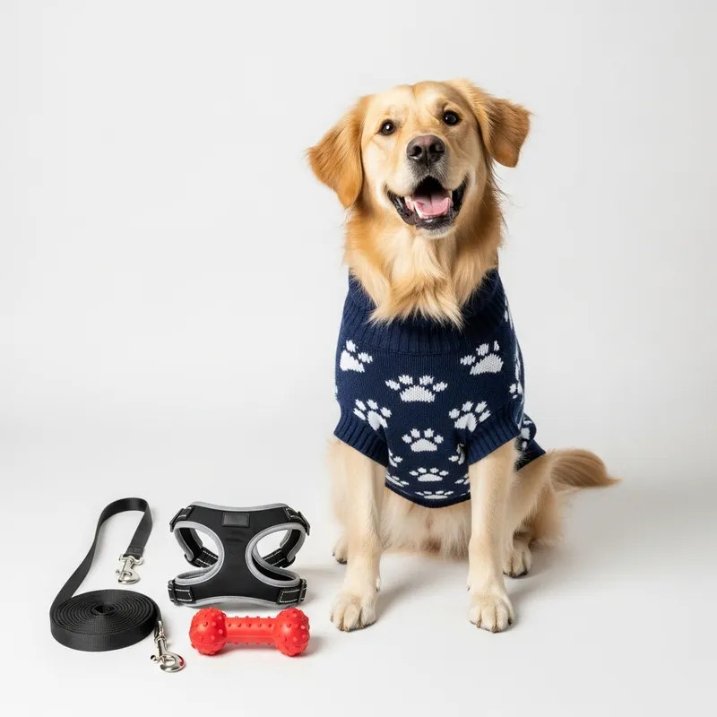 Happy Dog in Sweater | Leash, Harness & Toy | Joyful Pet Scene