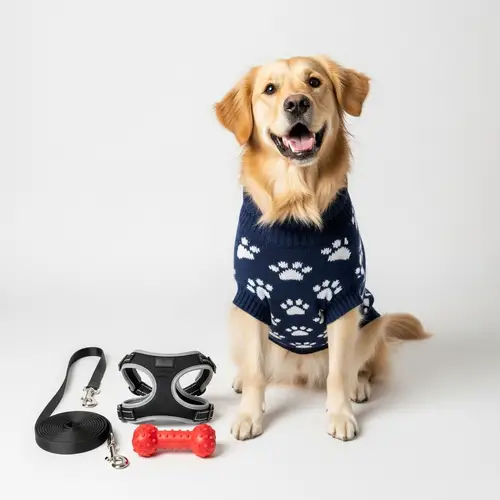 Joyful Dog in Sweater | Leash, Harness & Toy | Contentment Ambience