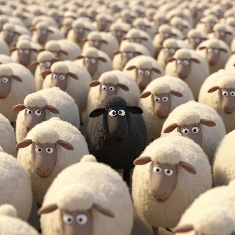 Whimsical Animated Flock Featuring Black Sheep