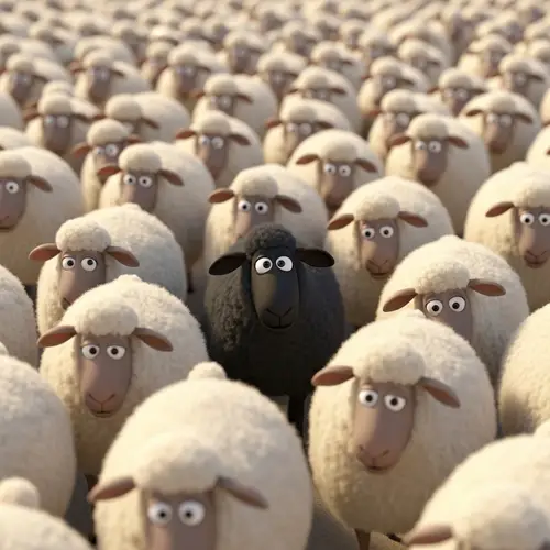 Whimsical Animated Scene with Black Sheep Standing Out