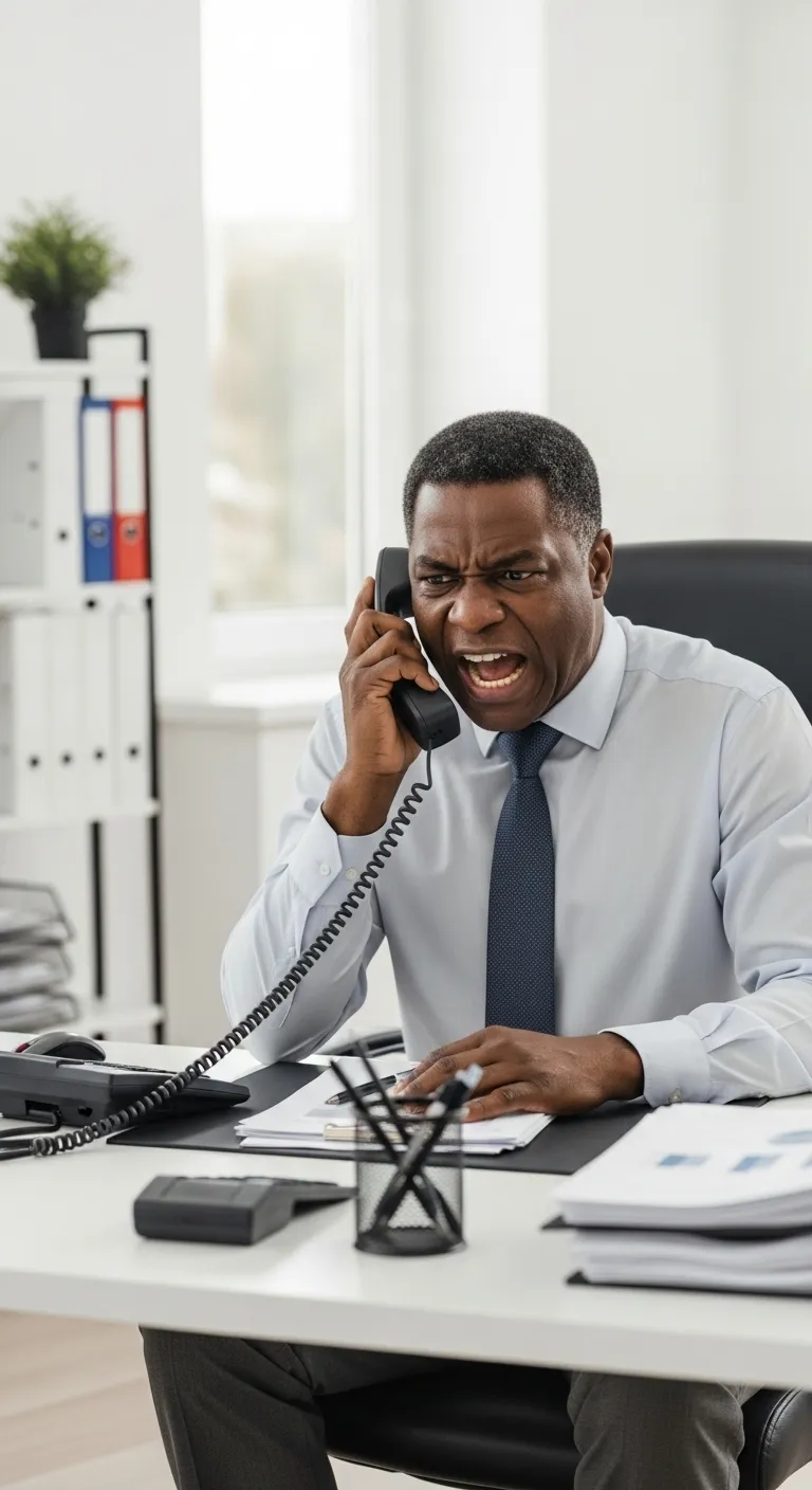 Furious Black Man Yelling into Phone at Modern Office Desk Furious Black Man Yelling into Phone at Modern Office Desk