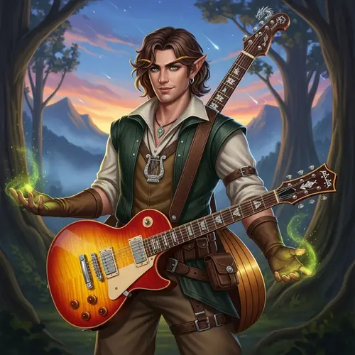 Male Half-Elf Bard with Sunburst Fender Stratocaster