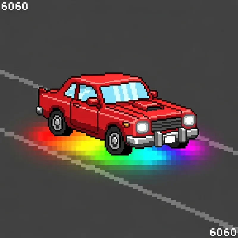 60x60 Pixel Art Red Car with Rainbow Underglow