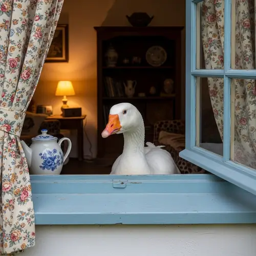 Curious White Goose Peeking Through Window | Vintage Decor Scene