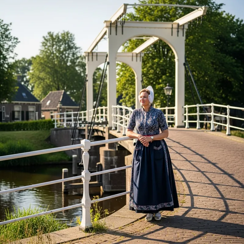 Serene Dutch Woman by Bridge: Tranquility and Elegance