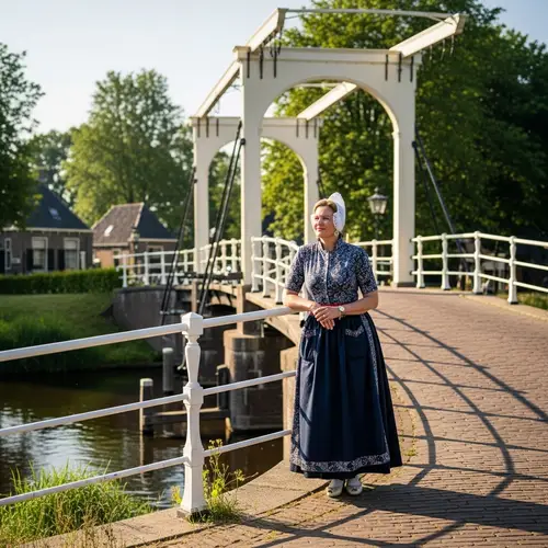 Dutch Woman by Bridge: Traditional Elegance and Classic Views