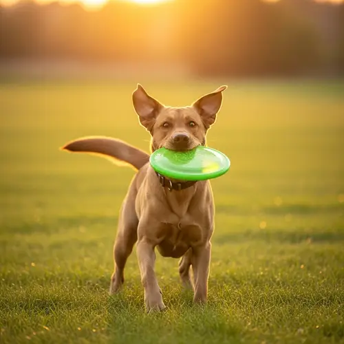 Playful Labrador Retriever Fetching Frisbee in Green Field