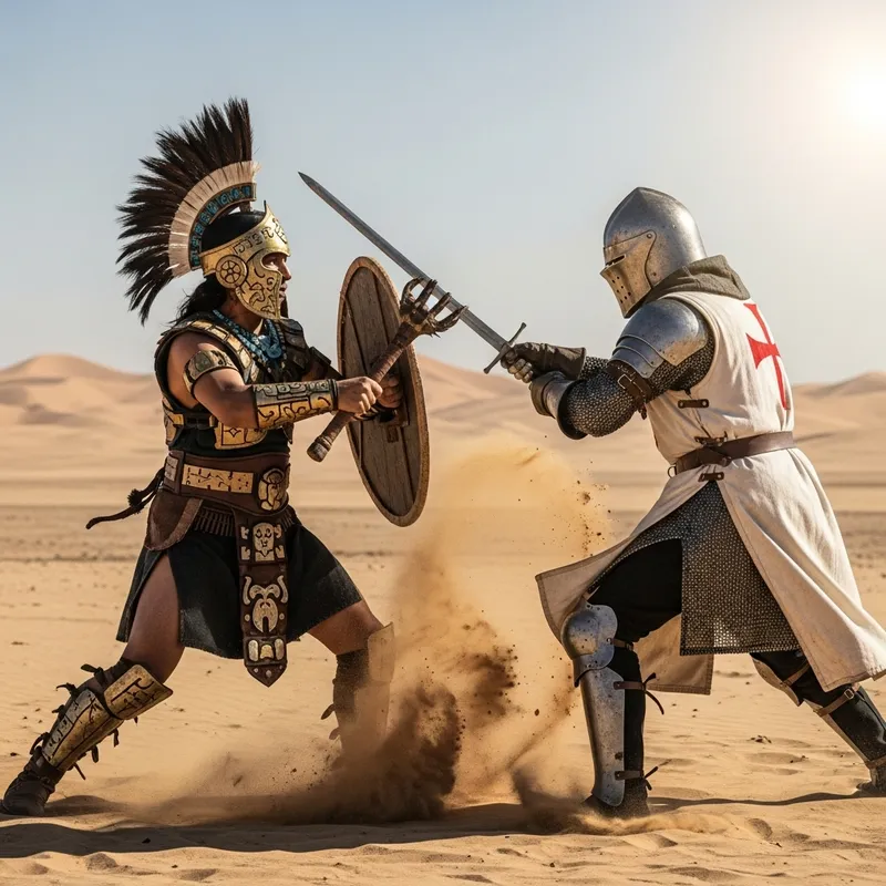 Aztec Warrior Battles Templar Knight in Desert