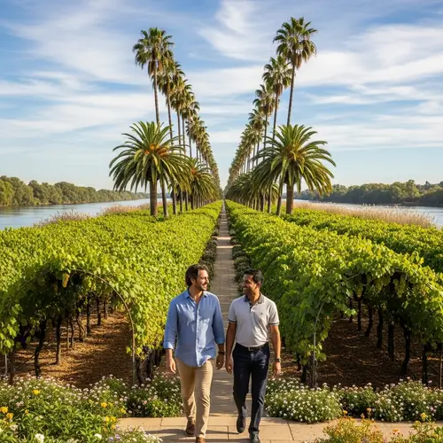 Men Walking Through Lush Gardens with Rivers Nearby
