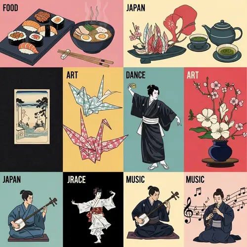 Vibrant Japanese Culture Collage: Food, Art, Dance, Music, Drama