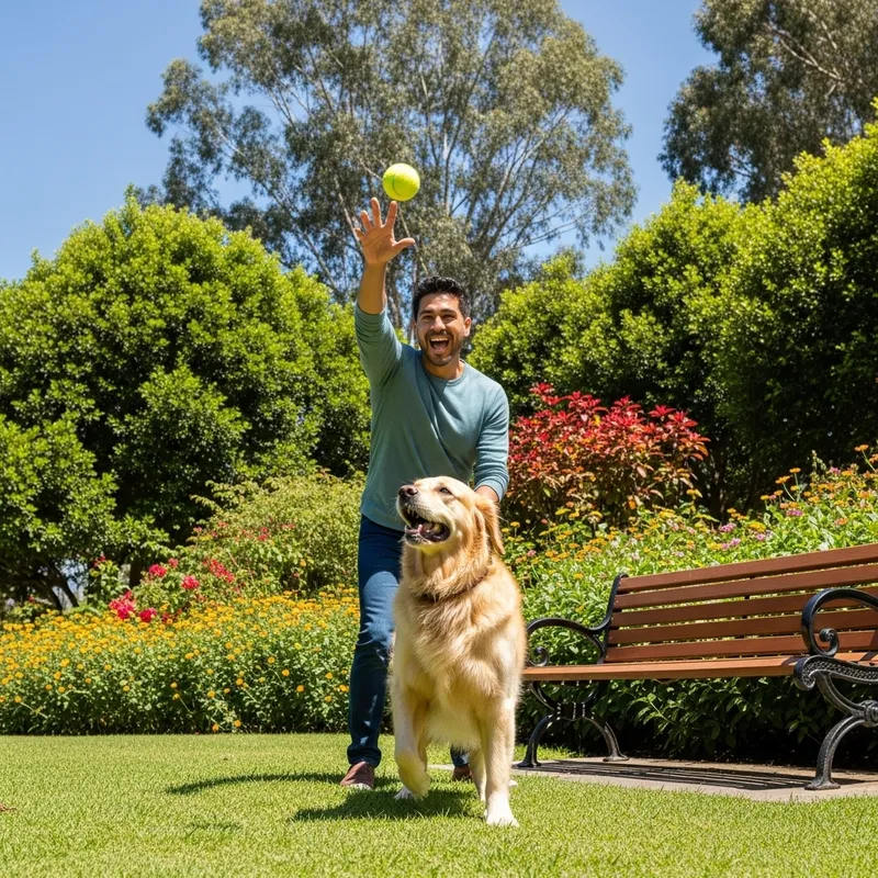 Hispanic Man and Golden Retriever Playing in Park Hispanic Man and Golden Retriever Playing in Park