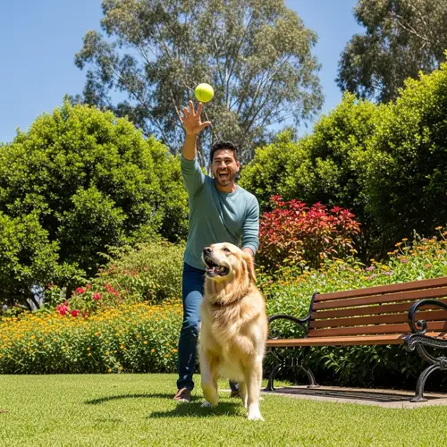 Dynamic Interaction in Lush Park: Hispanic Man and Golden Retriever Playing with Tennis Ball