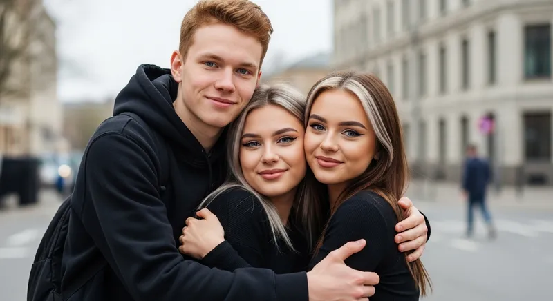 Heartwarming Group Hug: Friendly Estonian Boy and Girl Embrace Heartwarming Group Hug: Friendly Estonian Boy and Girl Embrace