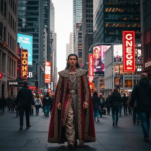 South Asian Adult Elf in Ancient Attire Roaming Modern City
