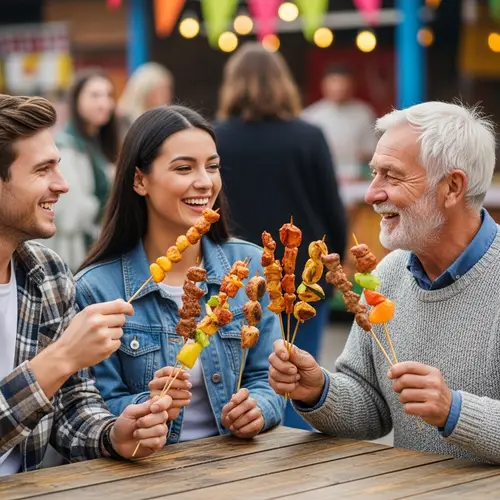 Friends Enjoying Skewer Meal | Dining Together