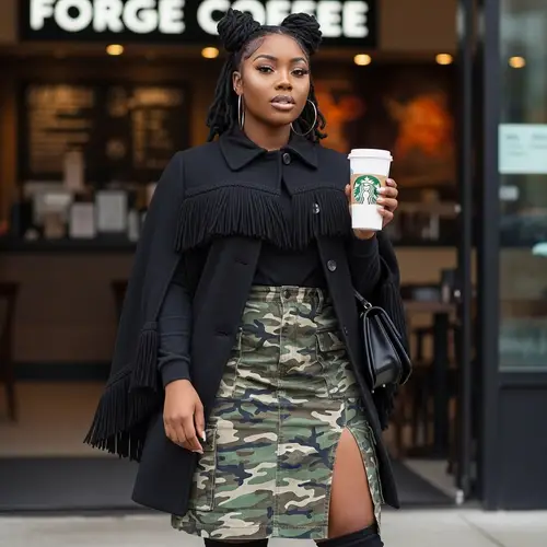 Stylish Curvy Blasian Woman in Black Tassel Cape Coat at Starbucks