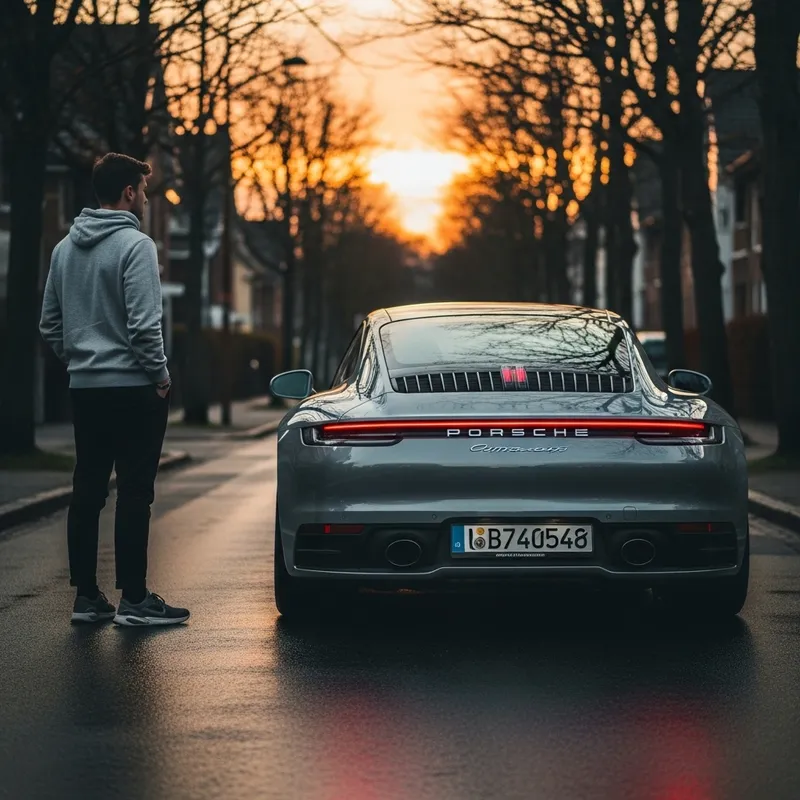 Porsche 911 992 Back View with Casual Young Man
