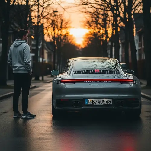 Porsche 911 992 Back View with Stylish Young Man