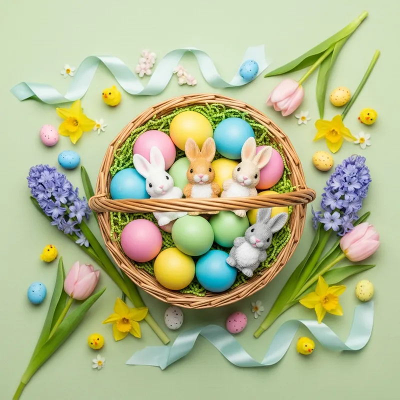 Adorable Easter Baby Photography Background with Basket, Eggs & Bunnies