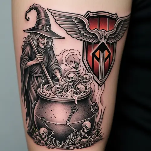 Intriguing Witch Tattoo Design with Skeleton Pot & Harley Emblem