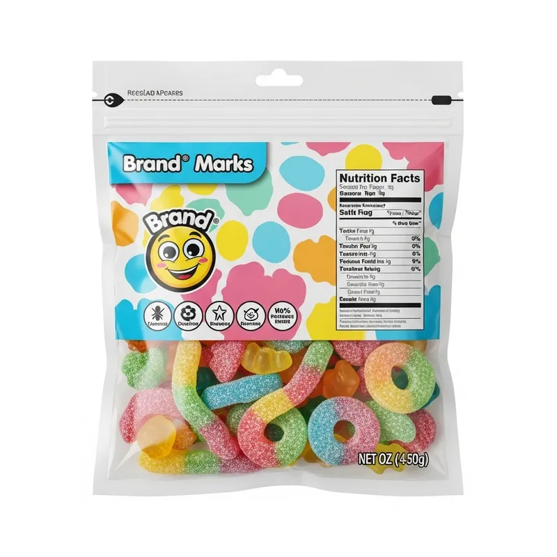 Vibrant Gummy Candy Packaging with Resealable Zipper | Brand Logo