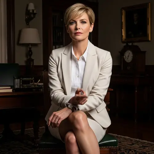 Confident & Stylish Woman in Cream Office Attire | Oval Office Setting