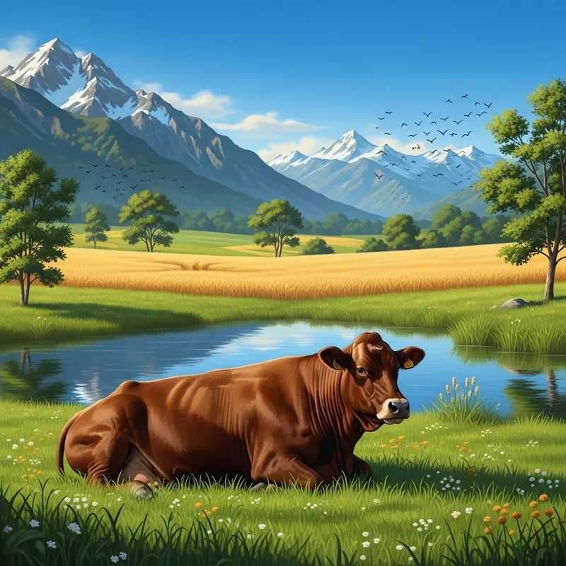 Beautiful Mature Brown Cow Grazing in Serene Countryside Beautiful Mature Brown Cow Grazing in Serene Countryside