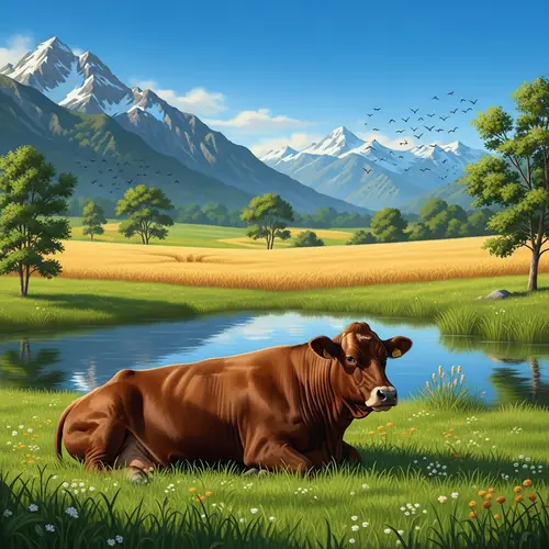 Mature Brown Cow in Peaceful Countryside | Serene Pastoral Scene