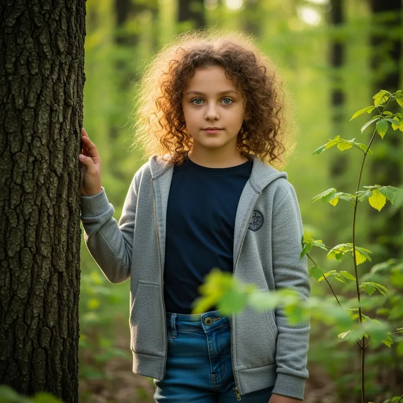 Curly Girl with Blue Eyes in Enchanting Woodland Scene