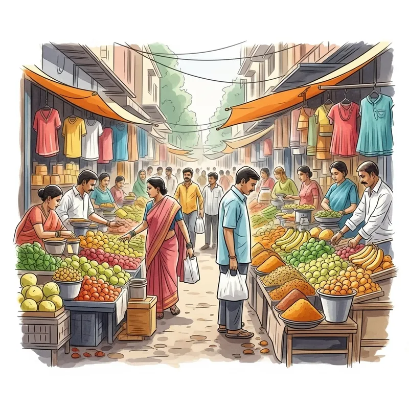 Vibrant Indian Street Market Watercolor Art