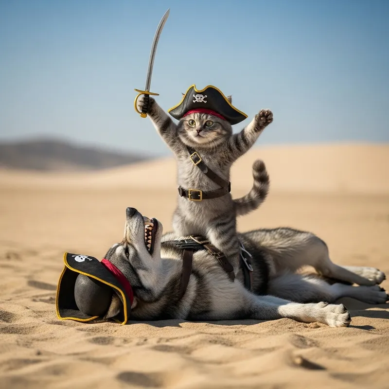 Epic Battle: Grey Cat Pirate Triumphs Over Sinister Wolf Pirate on Desert Island Epic Battle: Grey Cat Pirate Triumphs Over Sinister Wolf Pirate on Desert Island