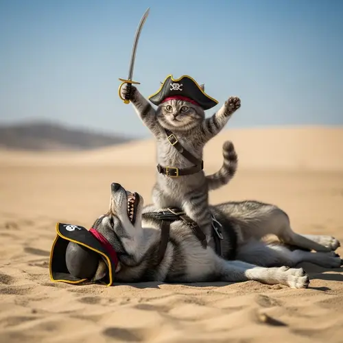 Victorious Grey Cat Pirate Defeats Sinister Wolf Pirate on Desert Island