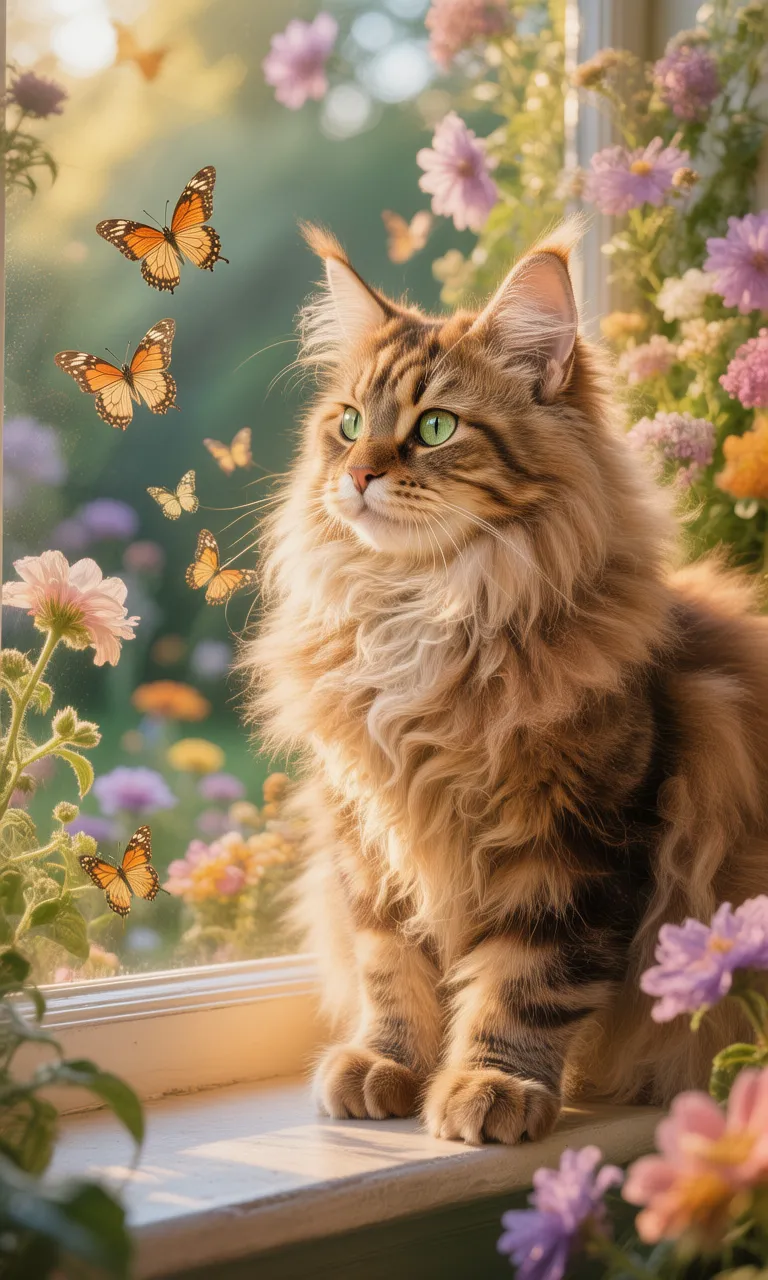 Whimsical Maine Coon Cat on Sunlit Windowsill
