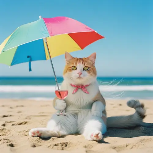 Serene Beach Scene with Captivating Feline | Coastal Idyll