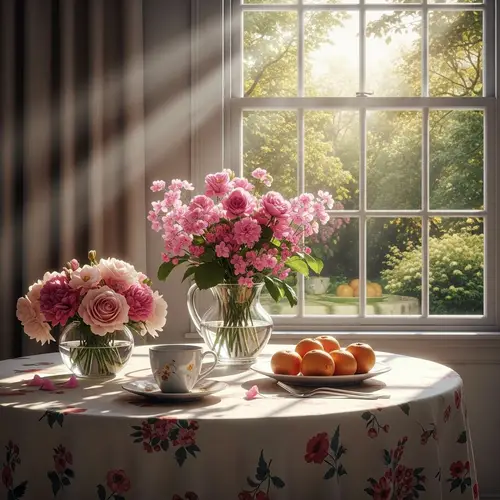 Elegant Table with Flowers and Sunlit Garden View