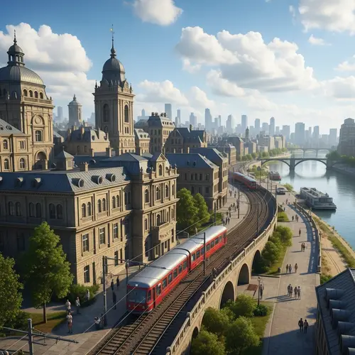 Charming 19th-Century Cityscape by River | Vintage Architecture