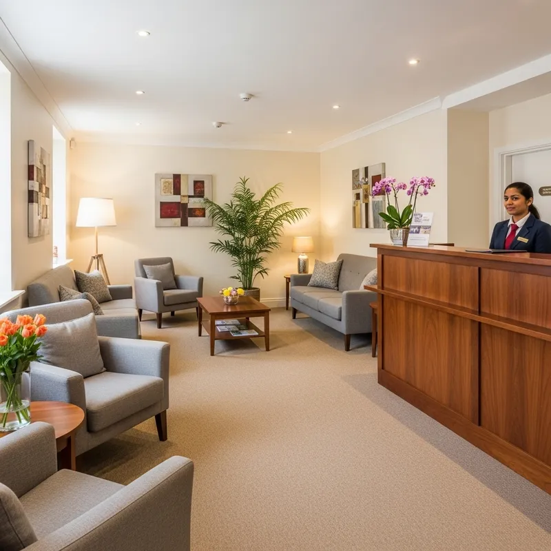 Cozy Reception Area with Stylish Seating & Greenery