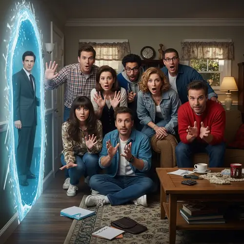 Diverse Group Discovers Strange Portal in Comical Scene