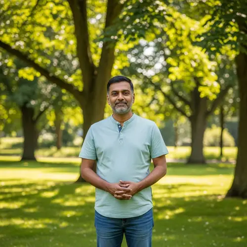 Middle-Aged South Asian Man in Casual Attire Outdoors