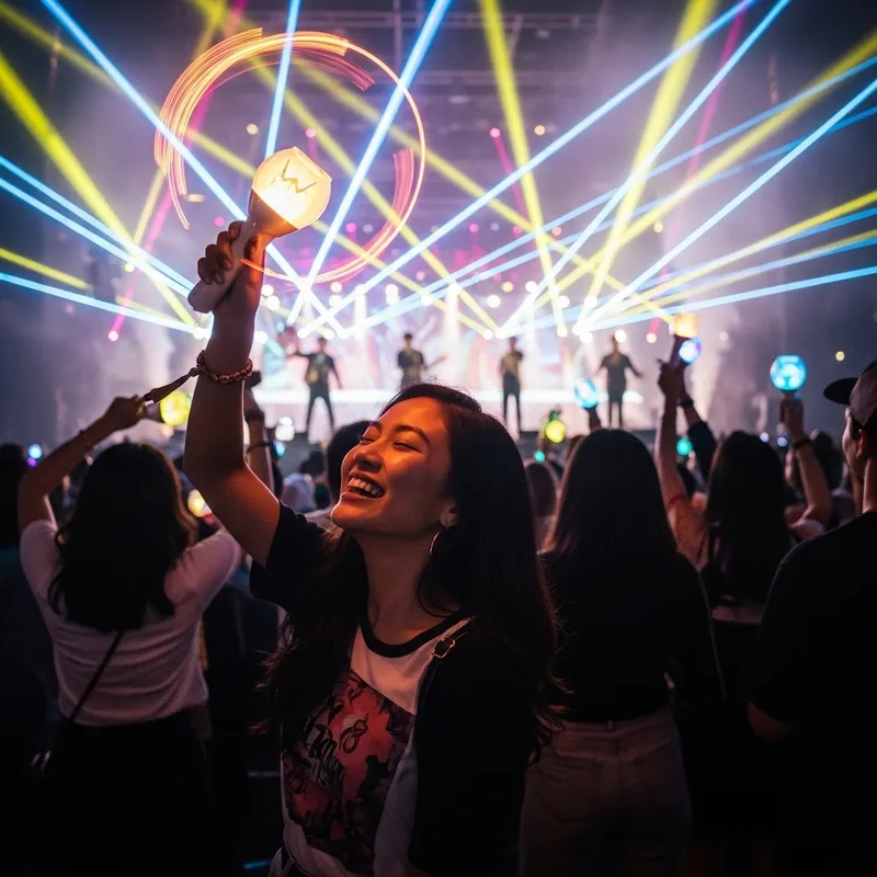 Energetic Woman Enjoying KPOP Concert with Lightstick Fun