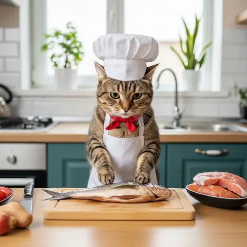 Middle-Eastern Female Cat Chef Cooking Fish Meal