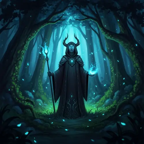 Mysterious Figure in Vibrant Dark Forest | Magic & Wonder