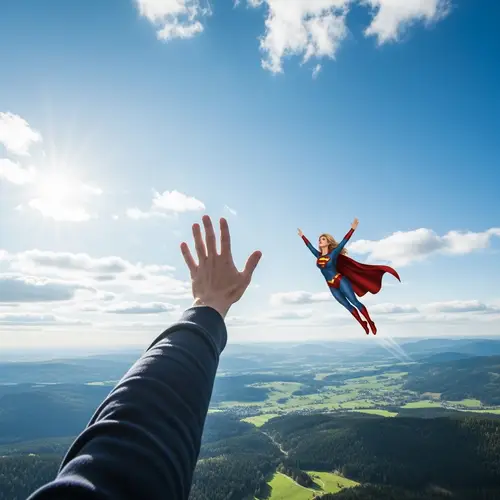 Majestic Landscape with Superhero Soaring in Sky