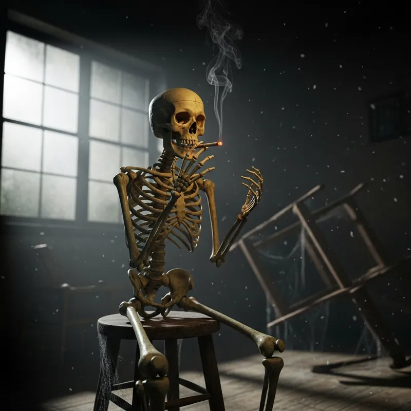 Skeleton Smoking Cigarette | Dark Moonlit Room